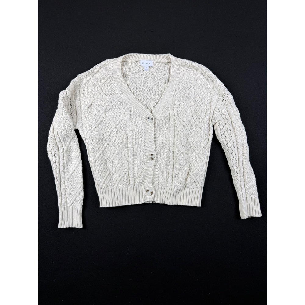Evereve Cream Cable Knit Cotton Cardigan Sweater V-Neck Womens Small